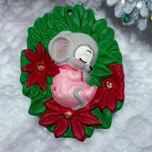 Vintage Handpainted Christmas Mouse Sleeping in Poinsettia Flowers Ornament